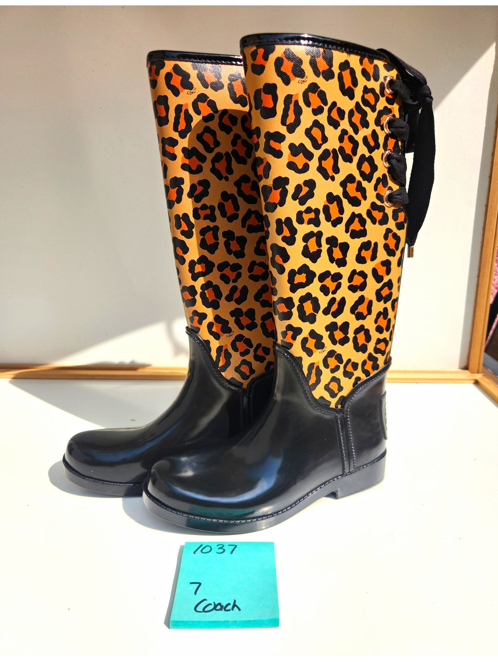 Coach Women’s Leopard Print Lace-Up Knee High Rain Boots Round Toe US 7